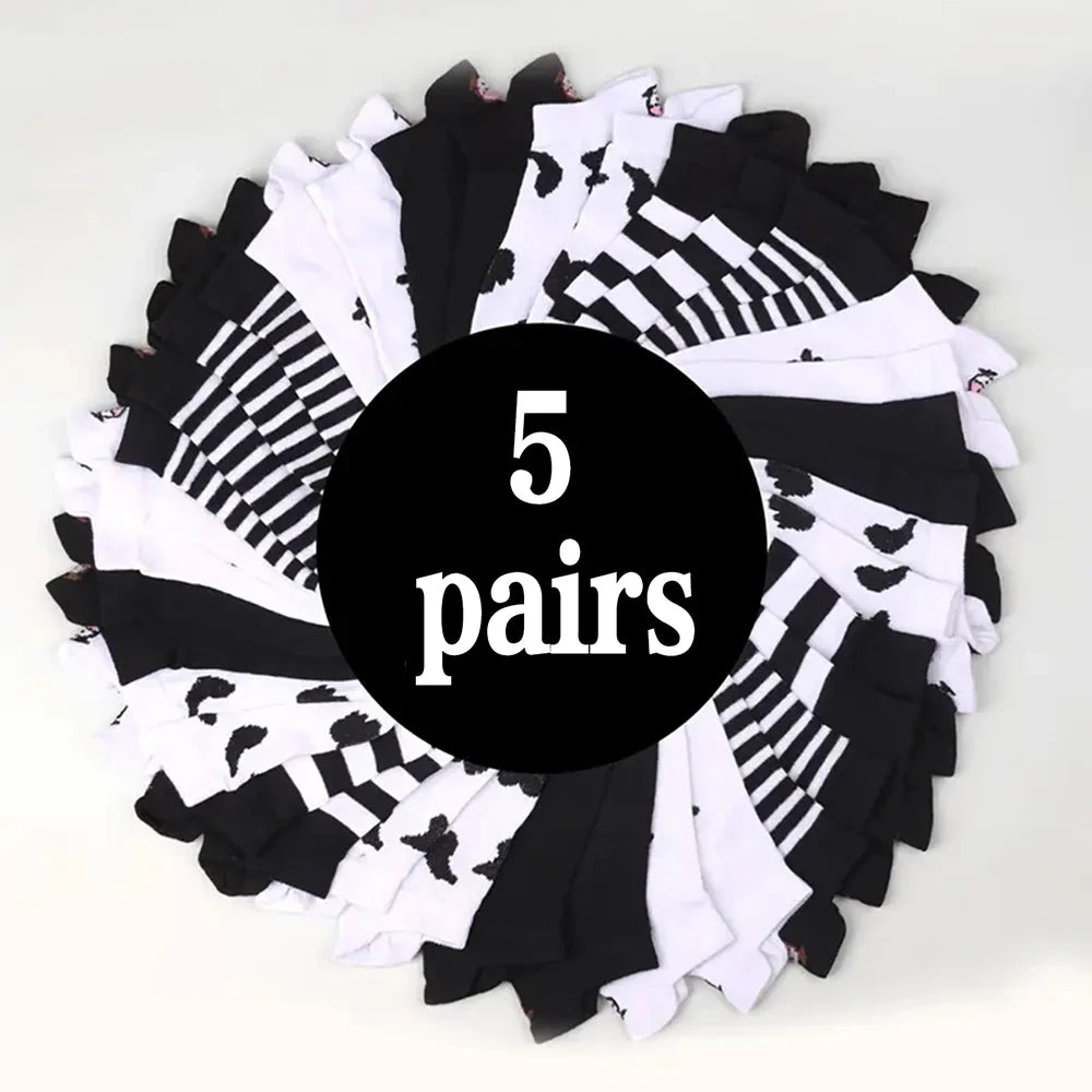 5 Pairs Women Cartoon Patterned Socks Trendy Versatile Breathable Sweat Wicking Deodorizing Antibacterial Comfortable Socks