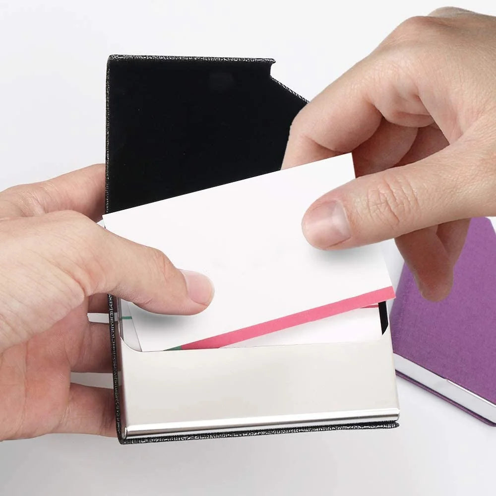 Metal Business Card Holder - Waterproof PU Leather Stainless Steel Card Case for Men and Women