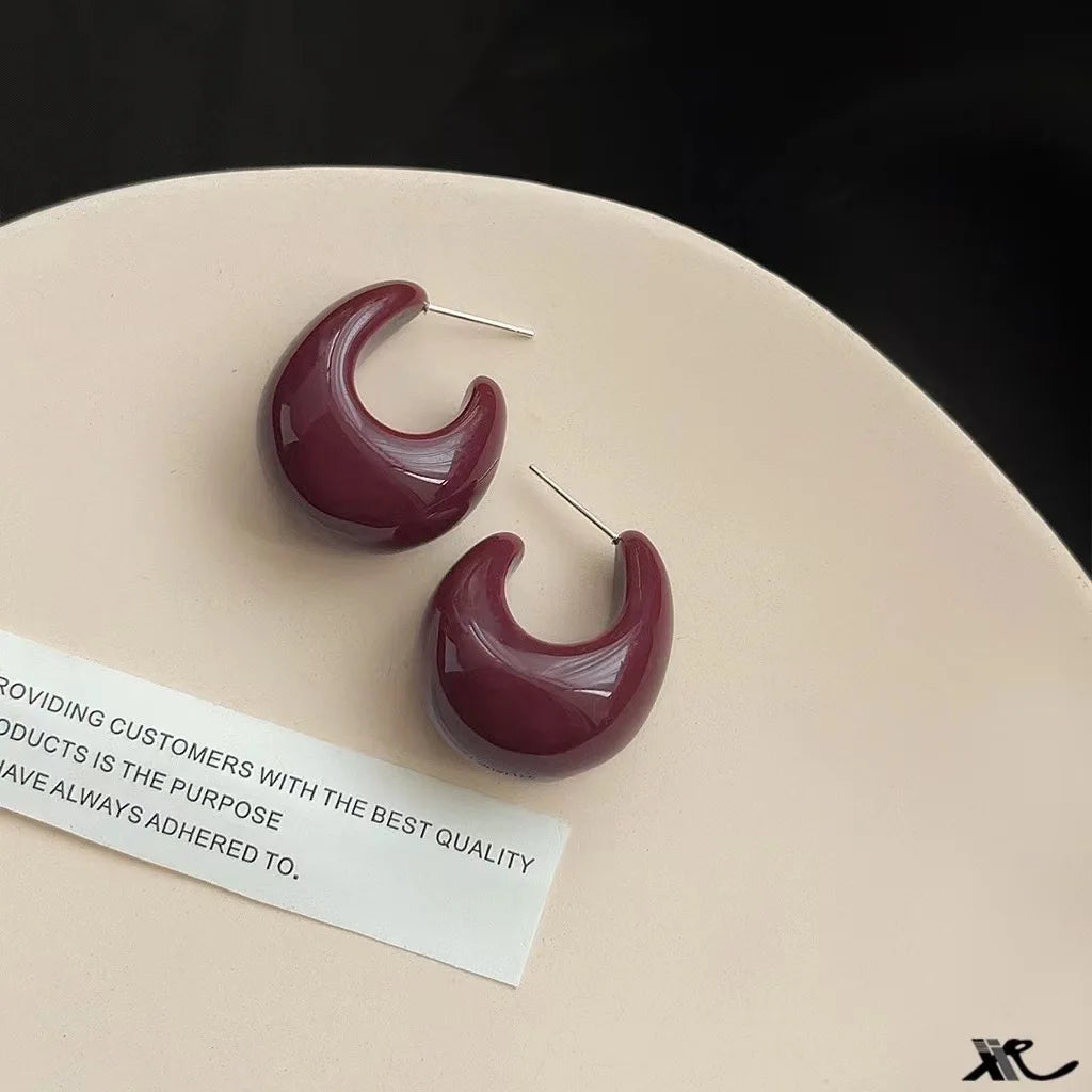 Vintage Silver Needle Dark Wine Red Drop Earrings Female Resin Personality Temperament Earrings - Red