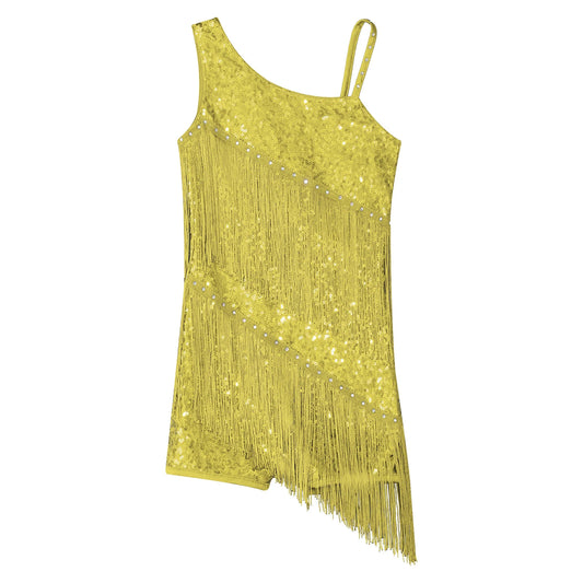Sequins Latin Dance Dress for Girls Kids Shiny Tassel Leotards Dress Professional Dancing Competition Chacha Rumba Tango Cost