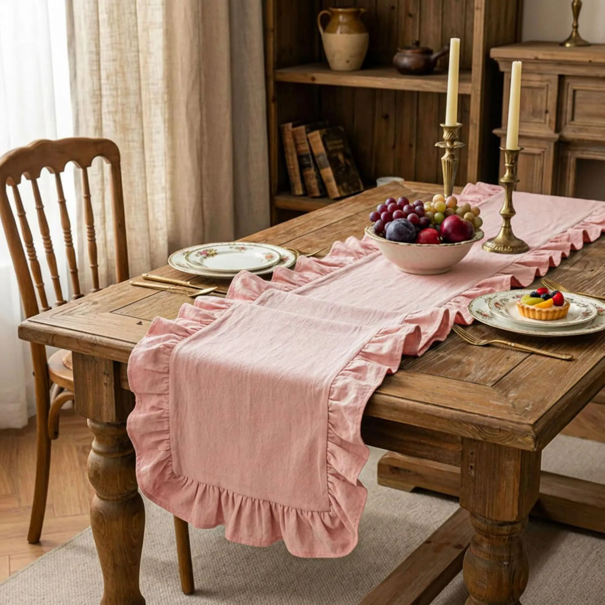 Ruffle Table Runner 100% Cotton Fabric Farmhouse Rustic Ruffled Edge Table Runner Wedding Decor for Christmas Holiday Baby Sh