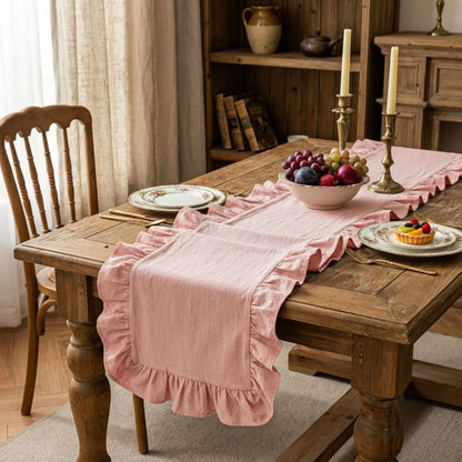Ruffle Table Runner 100% Cotton Fabric Farmhouse Rustic Ruffled Edge Table Runner Wedding Decor for Christmas Holiday Baby Sh