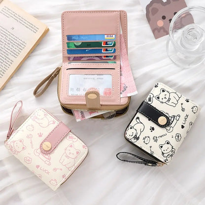Cute Cat Coin Purse Women Fashion Short Wallet PU Leather Large Capacity Wallet Lightweight ID Card Holder Travel Cash Coin B