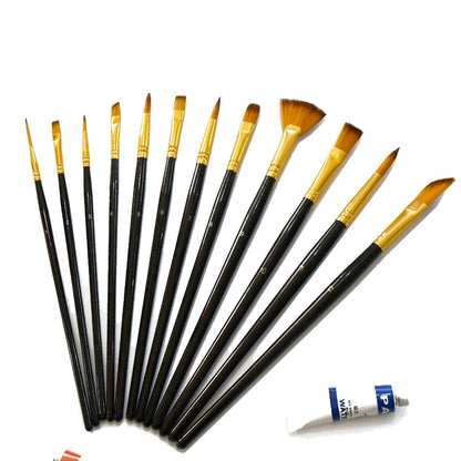Multi-functional Watercolor Gouache 12 Pcs Short Wood Rod Oil Painting Brush Set Art Tool Beginner Nylon Hair Acrylic Materia