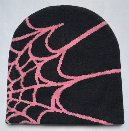 Four Seasons Men's And Women's Universal Y2K Knit Hat Spider Web Riding Outdoor Sports Fashion Hat - Black Pink