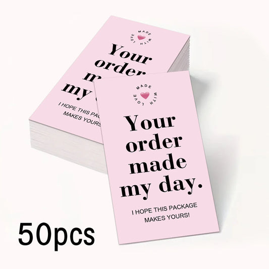 50pcs Pink Thank You Cards With'your Order Made My Day'message,Appreciation Card For Small Business Package,Retailer Thanks N
