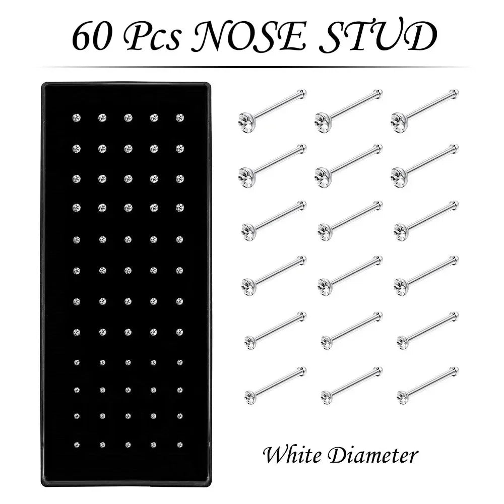 Fashion Crystal Stainless Steel Nose Stud Piercing for Women Hypoallergenic 1.8mm Nose Ring Straight/L/Screw Shaped Body Jewe