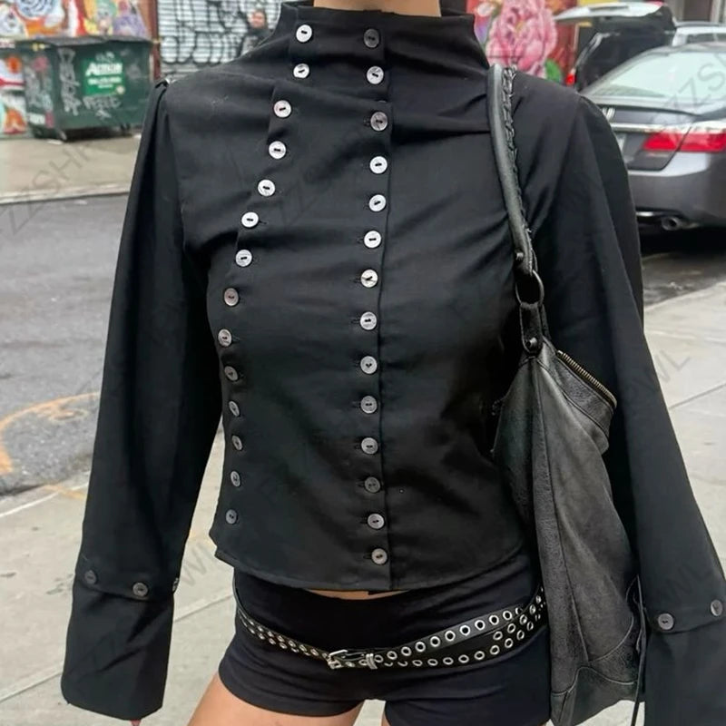 Goth Aesthetic Y2K Vintage Women's Long Sleeve Shirt Sexy Slim Fit Chic Button-Down Solid Color Crop Tops Grunge Punk Streetw