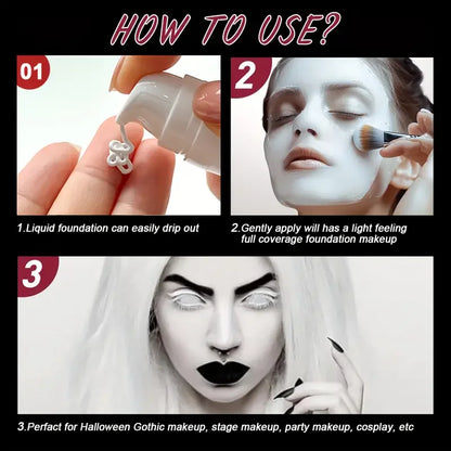 White Liquid Foundation, Full Coverage Heavy Duty Coverage, Creamy Liquid Formula for Goth Makeup, Cosplay, Long-Lasting Matt