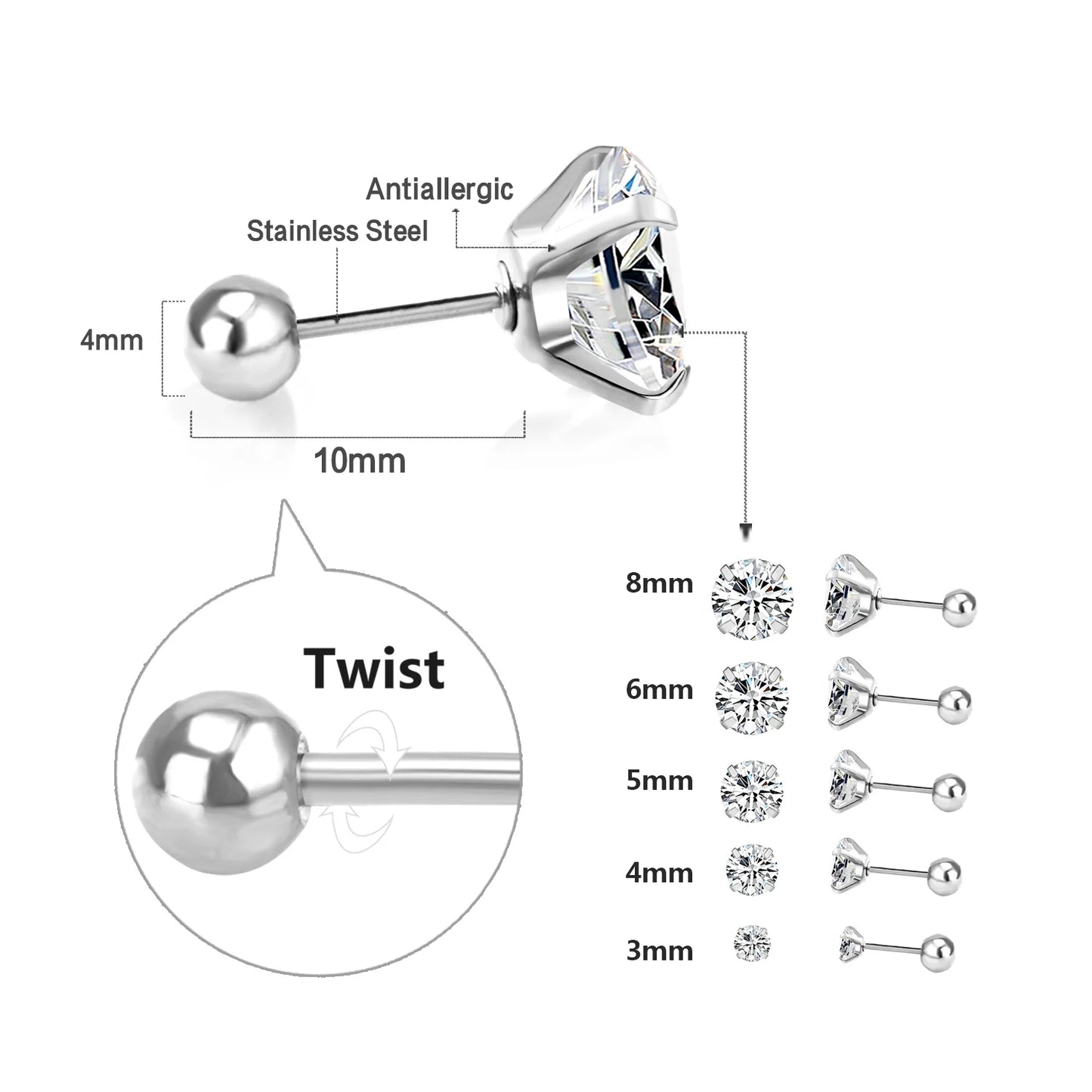 LUXUSTEEL 1Pairs/2Pcs Stainless Steel Crystal Studs Earrings For Women Men 4 Prong Tragus Round Clear Cubic Zirconia Ear Jewe