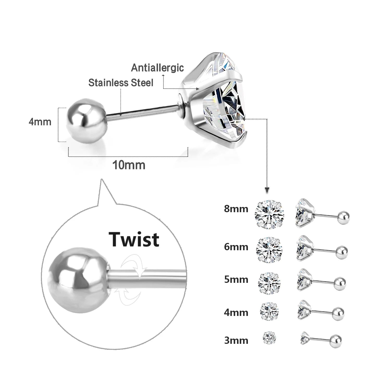 LUXUSTEEL 1Pairs/2Pcs Stainless Steel Crystal Studs Earrings For Women Men 4 Prong Tragus Round Clear Cubic Zirconia Ear Jewe