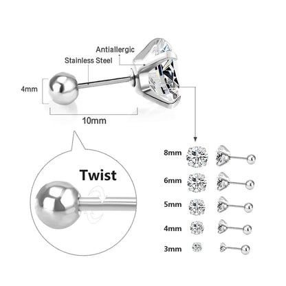 LUXUSTEEL 1Pairs/2Pcs Stainless Steel Crystal Studs Earrings For Women Men 4 Prong Tragus Round Clear Cubic Zirconia Ear Jewe