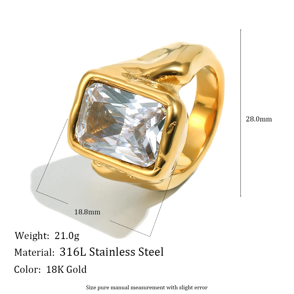 E.B.belle Gold Plated Deep-patterned Square Zircon Ring Simple Statement With Irregular Design Tarnish Free Women's Jewelry -