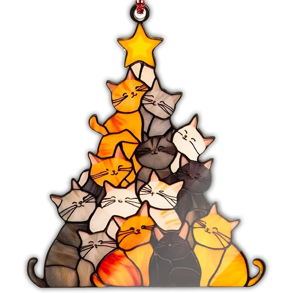9cm Cat Christmas Tree Suncatcher Ornament Cute Cat Lover Gifts Women Funny Christmas Decorations Black Orange Decor Hanging