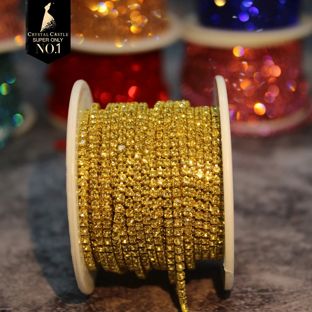 Rhinestones Chain Roll Tassel 1/10Yard Crystal Ribbon Strass Banding Sew On Gold Rhinestone Trim Strip Cup Chains For Needlew