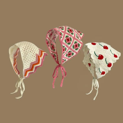 Retro Knitted Triangle Headband Crochet French Pastoral Style Girl Flower Headscarf Handmade Hollow Beach Vacation Headkerchi