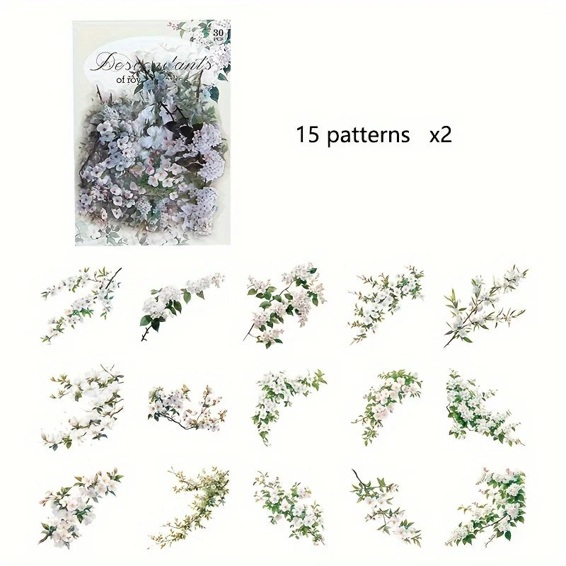 30 Pcs/Pack Vintage plant flowers PET waterproof sticker for DIY scrapbooking Journal Photo Album Decoration Materials Sticke