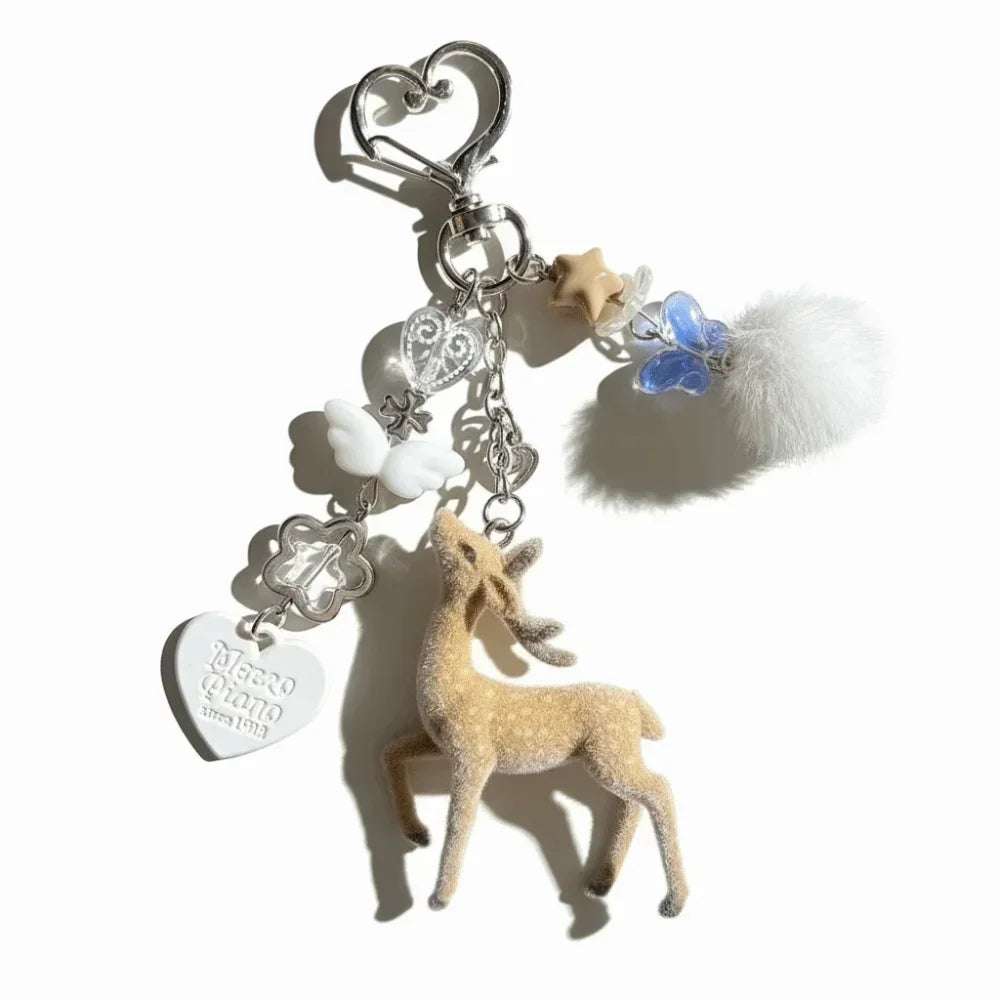 Cute Portable Deer Keychain 11.5cm Length Korean Style Phone Charms Handmade DIY Bead Case - White