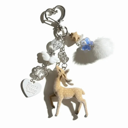 Cute Portable Deer Keychain 11.5cm Length Korean Style Phone Charms Handmade DIY Bead Case - White
