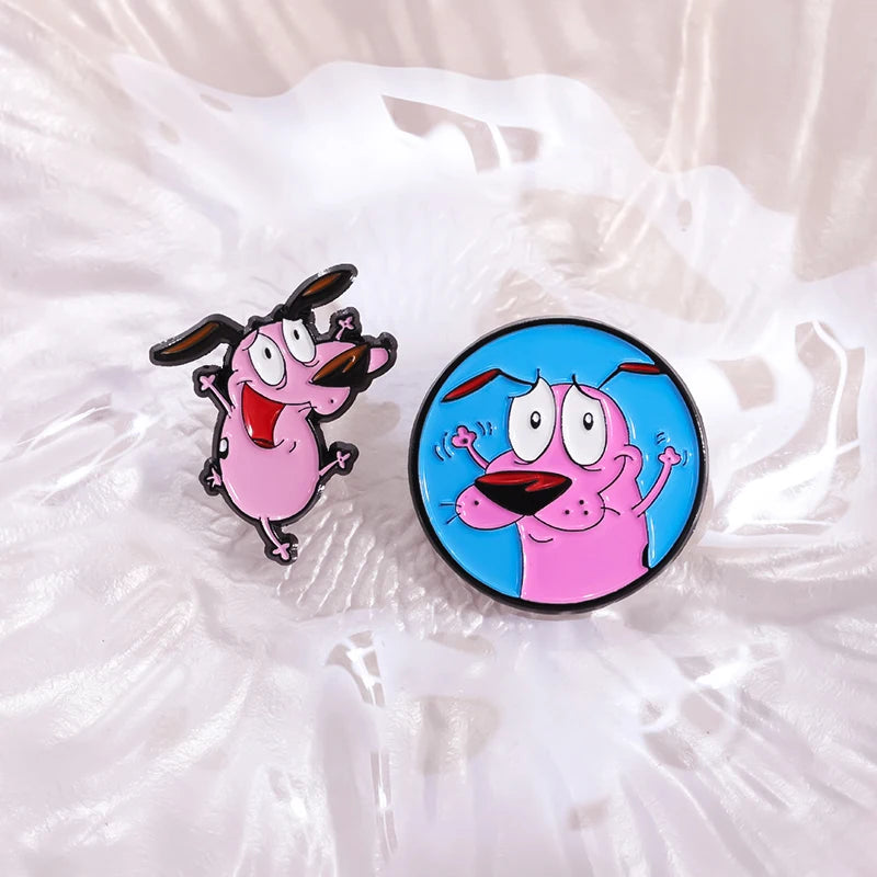 Cartoon Courage Cowardly Dog Brooch Enamel Pins Cute Pink Animal Dog Brooches Clothes Lapel Badges Jewelry Gift for Kids Frie