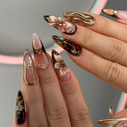 24pcs Long Almond Press on Nails False Nails with Golden Decoration Wearable Stick-on Nails Fake Nail Uñas Накладные Ногти 네일