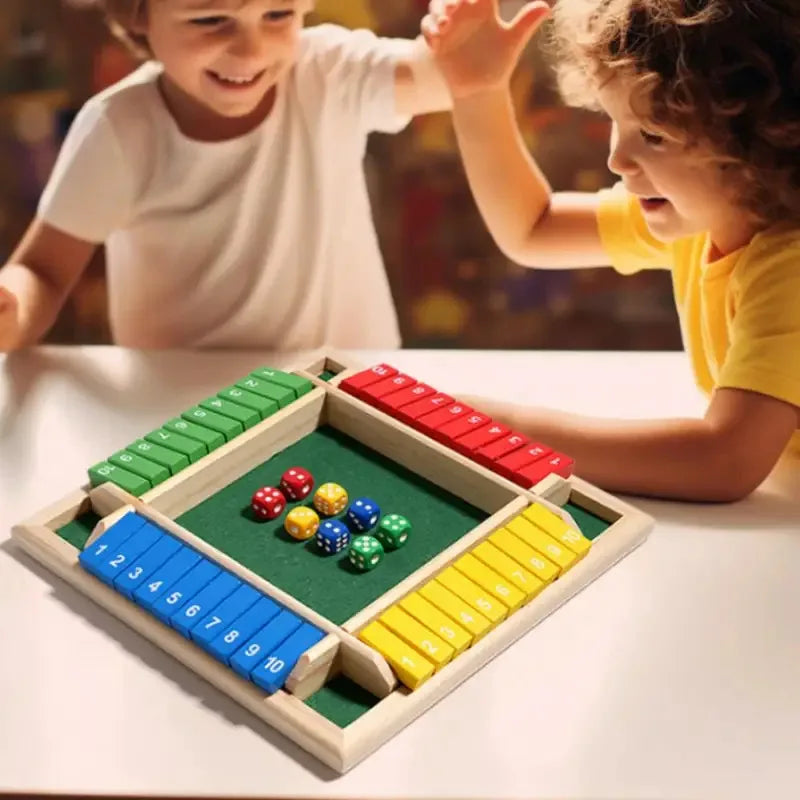 Wooden Arithmetic Dice Board Game – Flip Card Box with 4-Sided Number Tiles, Fun Multiplayer Dice Game for Family & Party
