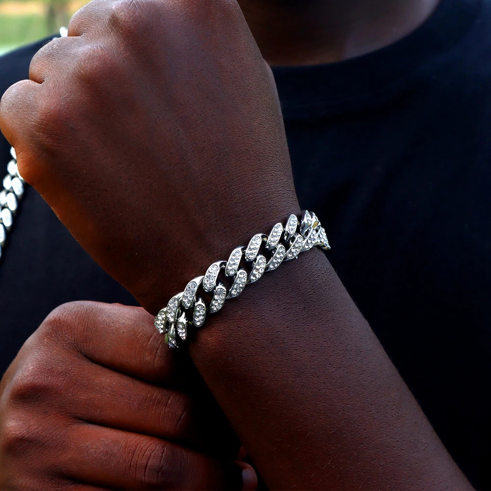 14MM Iced Prong Link Cuban Chain Bracelets for Men Women Full Rhinestones Chunky Miami Cuban Bracelet Punk Hip Hop Jewelry Gi