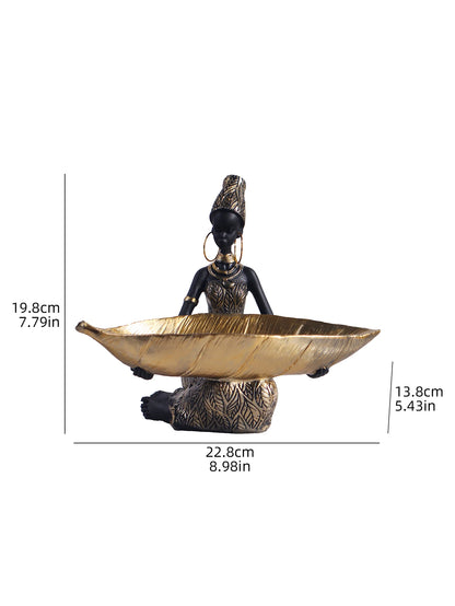 African Girl Holding a Plate Sculpture, Home and Office Decorative Storage Ornament, Vintage Collectible Craft Deskt Decor