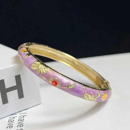 Enamel Chinese Cloisonne Bracelet Double Bangle Traditional Peony Filigree Flower Bangle Ethnic Vintage Women's Hand Bracelet