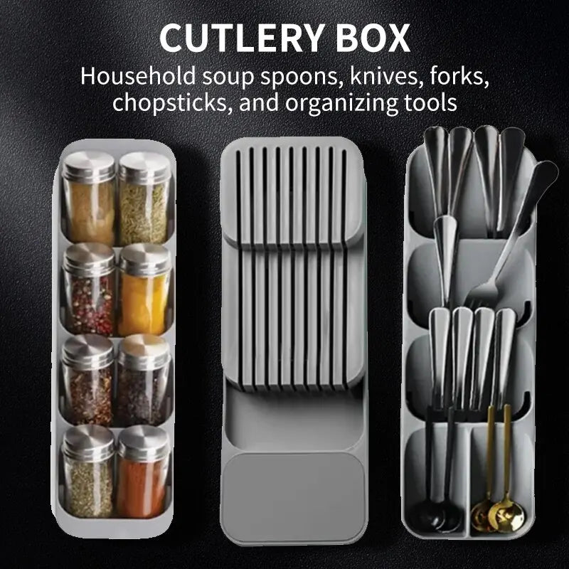 Kitchen Drawer Cutlery Storage Tray Knife Holder Spoon Forks Tableware Organizer Container For Spice Bottles Knives Block Rac