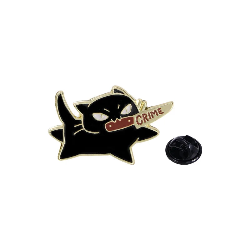 1pc Cute Cartoon Black Cat Enamel Brooch Creative Animal With A Knife In Mouth Lapel Pin Badge Backpack Clothing Hat Accessor