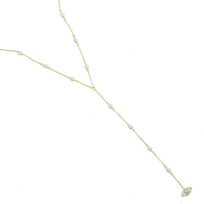 Long Y Lariat Chain for Women Blue Bead Charm Cute Lovely Eye Pendant Sexy Women Y Lariat Necklace - pearl