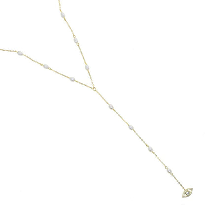 Long Y Lariat Chain for Women Blue Bead Charm Cute Lovely Eye Pendant Sexy Women Y Lariat Necklace - pearl