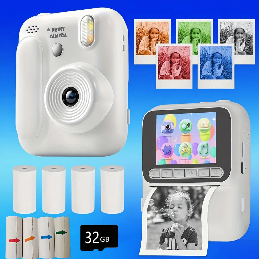 Color Printing Camera Kids Instant Camera 32GB 1080P Thermal Print Digital Camera Print Photo Video Games Music Children Gift