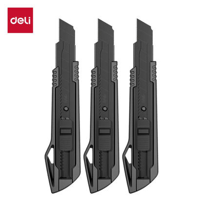 Deli Heavy Duty Utility Knife Black SK5 Carbon Steel Blades 9mm/18mm Auto-Retractable Box Cutter Sharp for Cardboard Cartons 