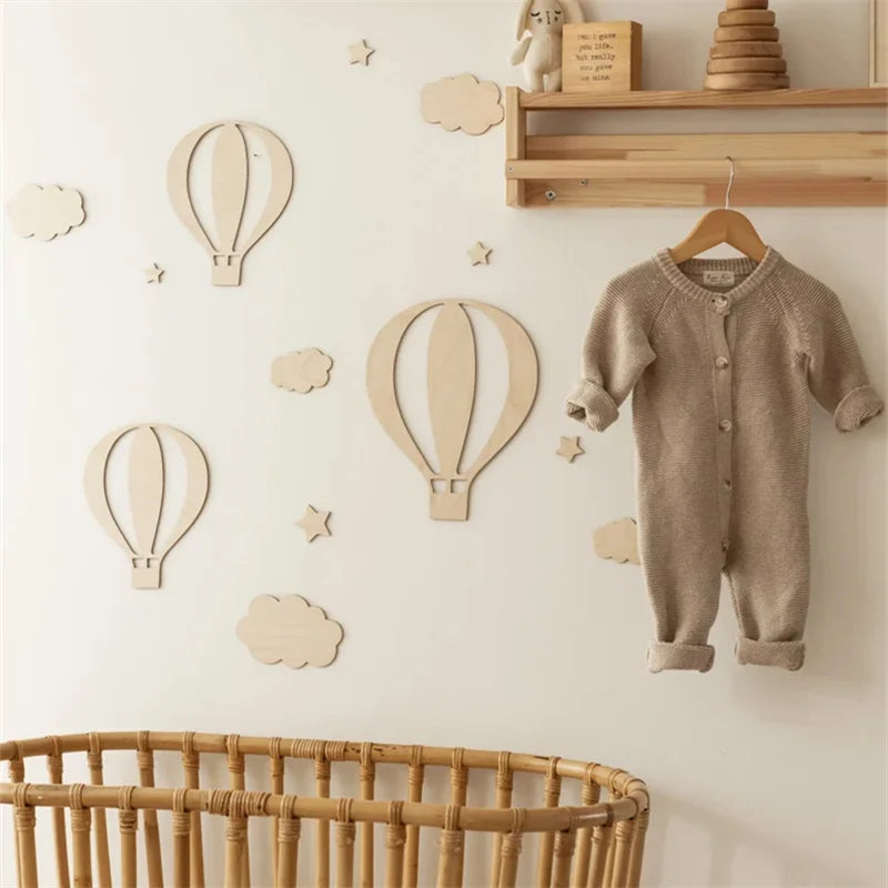 13Pcs Ins Wooden Hot Air Balloon Cloud Star Set Wall Stickers Home Decoration Background Wooden Wall Stickers Holiday Decorat