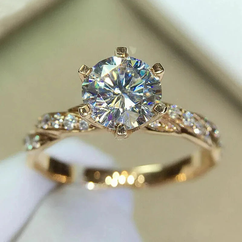 Huitan Classic 6 Claw Cubic Zirconia Rings for Women Luxury Gold Color Wedding Engagement Bands Eternity Lady Jewelry