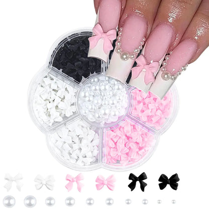 1box 3D Flower Bow Nail Art Decorations Kit Pink/White Acrylic Floral/Peal Beads Nail Charm with Wax Pen/Tweezer 4/6mm Nail P