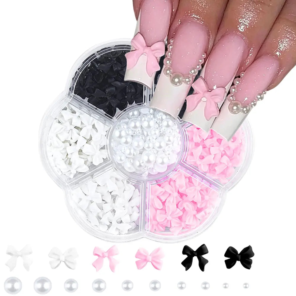 1box 3D Flower Bow Nail Art Decorations Kit Pink/White Acrylic Floral/Peal Beads Nail Charm with Wax Pen/Tweezer 4/6mm Nail P
