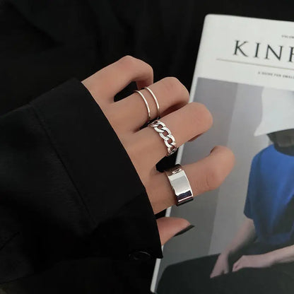Punk Simple Rings Set Silver Color Geometric Hollw Wide Ring Set Women's Vintage Joint Hiphop Finger Rings Jewelry