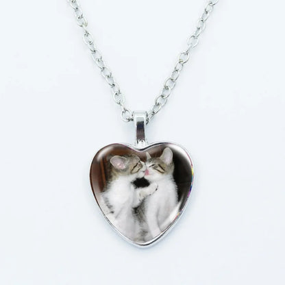 Cute Funny Rainbow Alien Cat Heart Pendant Necklace Animal Shape Art Photo Glass Cabochon Jewelry Children's And Women's