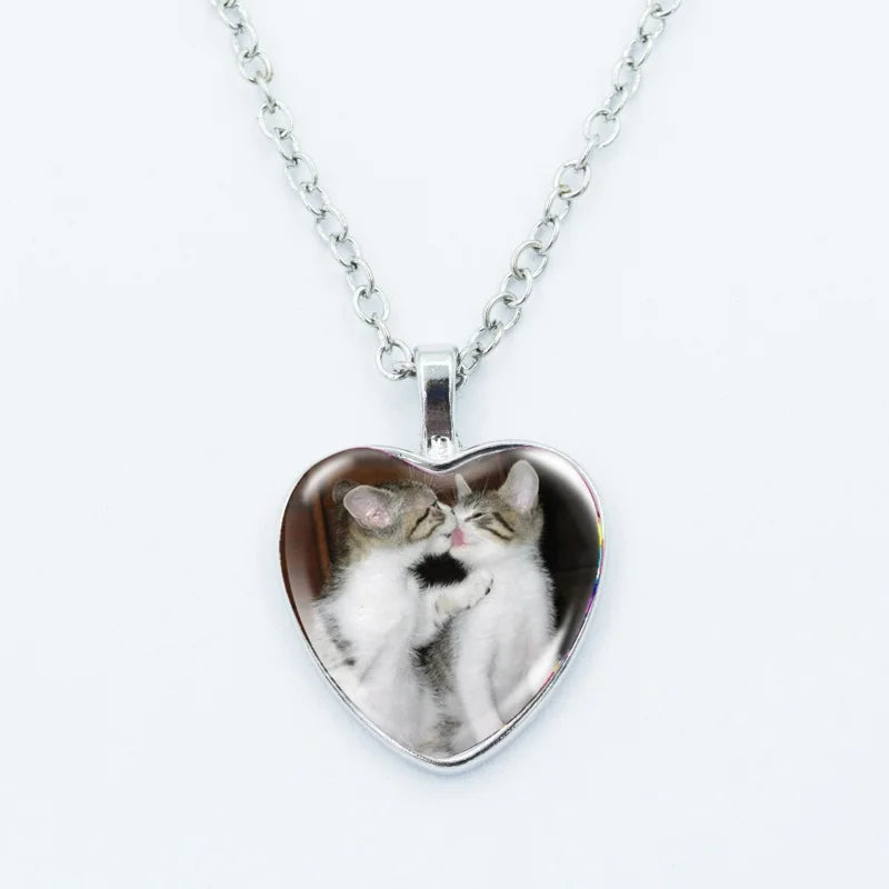 Cute Funny Rainbow Alien Cat Heart Pendant Necklace Animal Shape Art Photo Glass Cabochon Jewelry Children's And Women's - 2