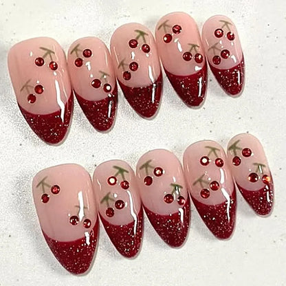 24Pcs Short Round Almond Lovely False Nails Full Cover Fresh Cartoon Fruit Pattern Designs Wearing Nails Art French Summer Na