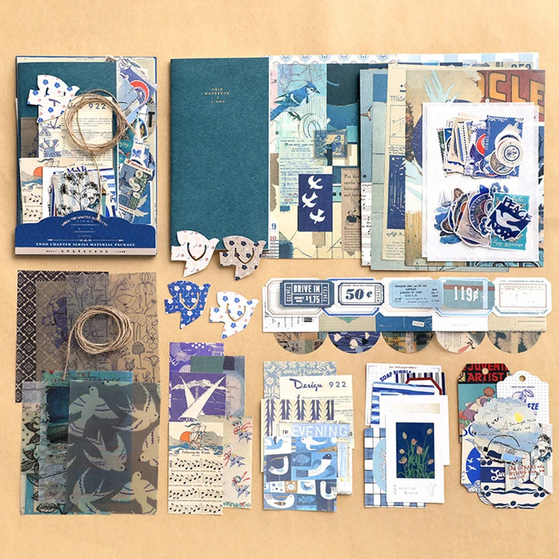 Retro scrapbook supplies, aesthetic diary tool kit, material paper set, simple Instagram style background, handmade DIY mater