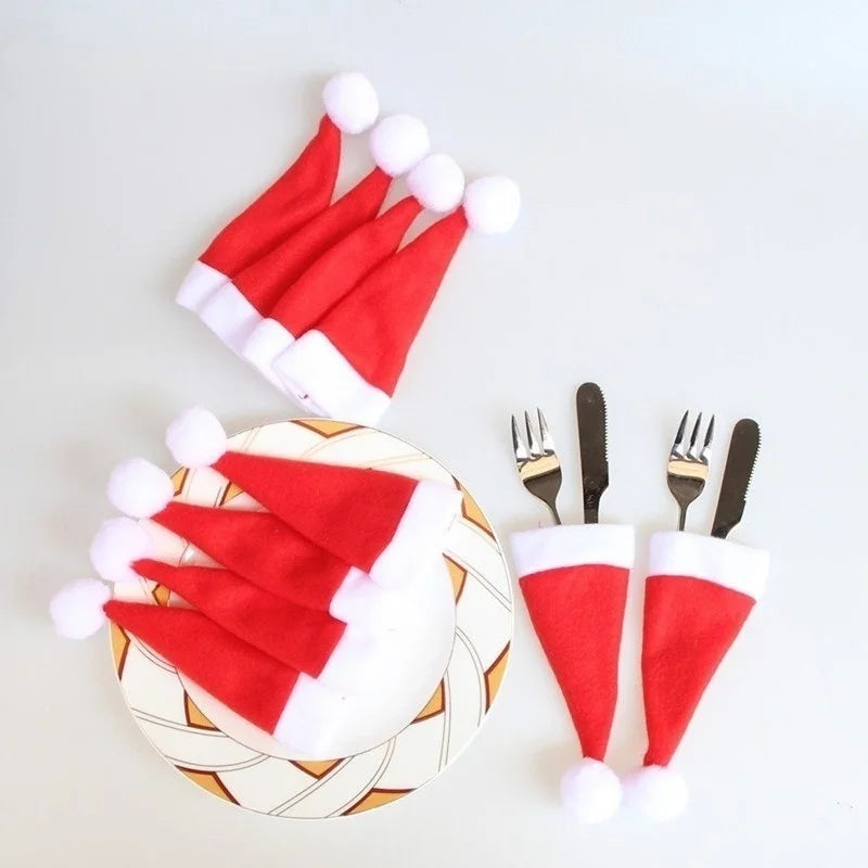 Merry Christmas Decoration 2025 Christmas Tableware Bag Holder Christmas Hat Fork Knife Cutlery Bag Christmas Ornament Decor