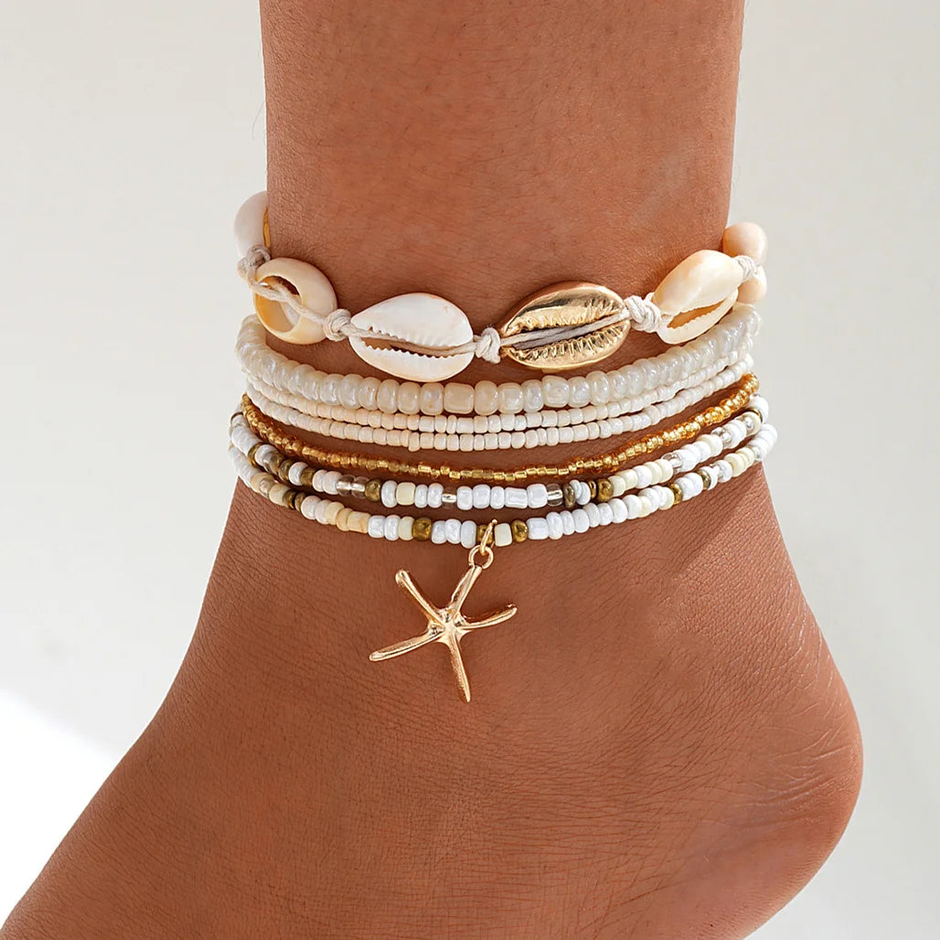 5 Pcs Exquisite Metal Butterfly Star Heart Pendant Anklets Set Bohemia Vintage Pearl Pendant Foot Bracelet Beach Woman Jewelr