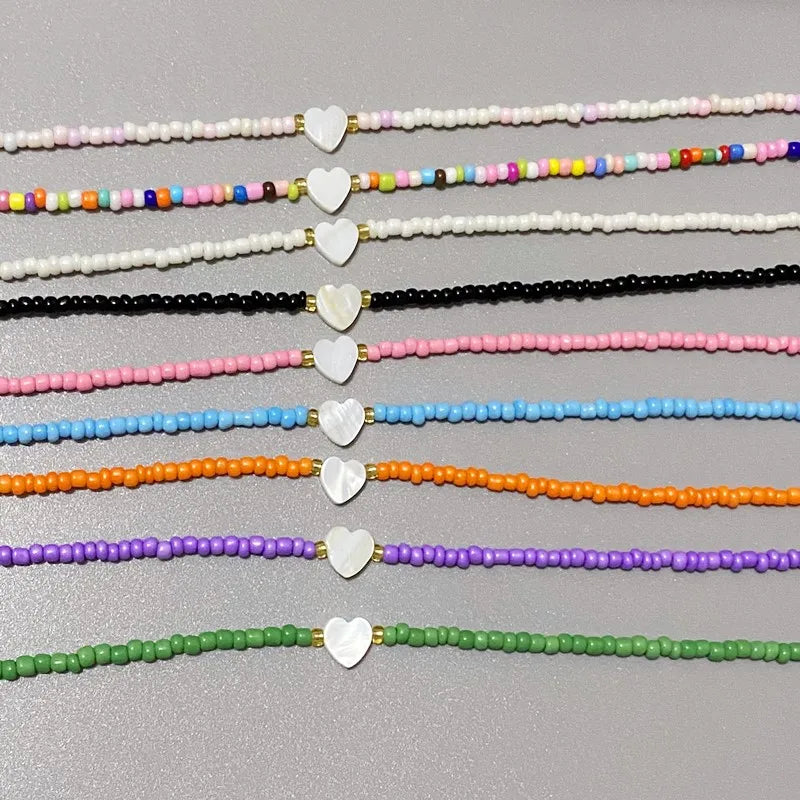 New Nature Shell Love Heart Choker Necklace for Girl Spring Summer Fashion Small Colorful Glass Beads Necklace Gift for Frien