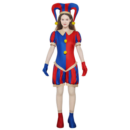 Pomni Cosplay Jumpsuit with Hat aShoes Cover Gloves Magical Virtual Circus Outfits for Halloween Carnival Circus Pomni Costum