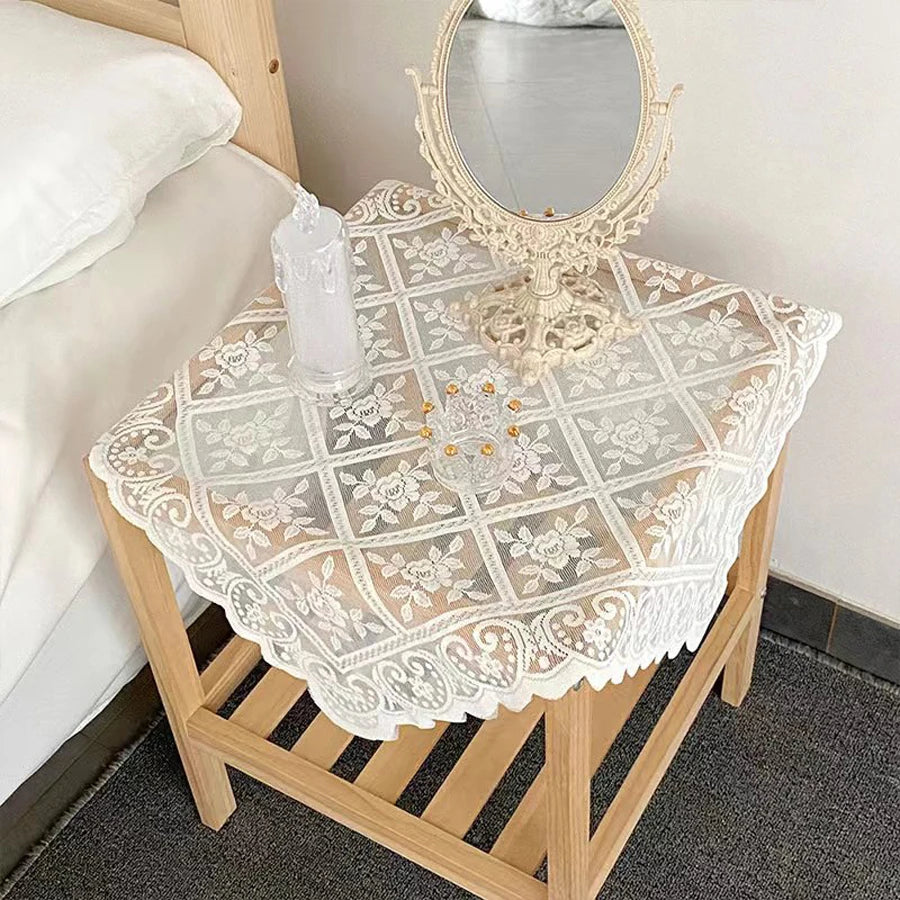 One Antique Embroidered Lace Tablecloth - Solid Color Elegant Flower Cut Process Polyester Square Tablecloth, 100% Polyester