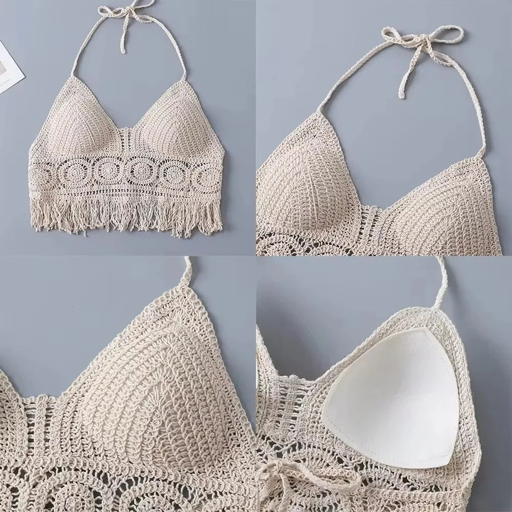 Women's Boho Fringe Backless Halter Tie Neck Underwear Outerwear with Neck Hanging Embroidery Tassel Suspender Vest Short Tan